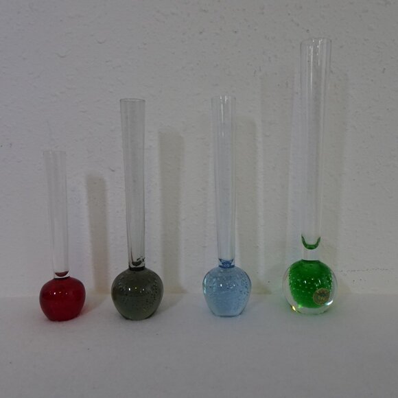 Controlled Bubble Bud Vases Ball Bottom Set of 4 Red Gray Blue Green MCM Vintage - Picture 1 of 15